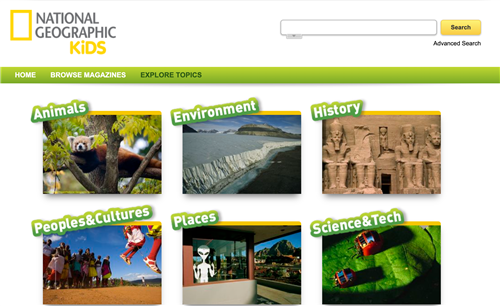 National Geographic Kids webpage Explore Topics menu